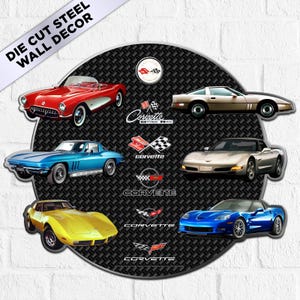 Chevrolet Corvette C1–C6 Round Die-Cut Metal Wall Decor, Garage or Man Cave Sign, Car Enthusiast Gift for Him or Her, 2 Sizes, Made in USA