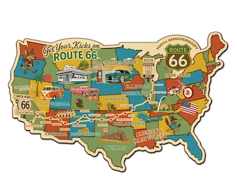 Legends of Route 66 USA Destination Map Metal Sign, 100th Anniversary Die-Cut Wall Decor with Mascots, Made in USA, Two Size Options