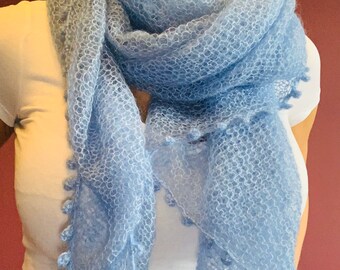 Blue silk mohair handmade knitted scarf, shawl, pashmina