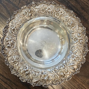 Vintage S. Kirk & Son Sterling Silver Bowl – Repoussé Floral 216 – 13 oz – Hand Decorated – 9.5&quot; – Ornate Antique Silver Dish