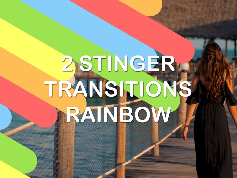 Puede incluir: Un gr&aacute;fico colorido con el texto "2 STINGER TRANSITIONS RAINBOW" sobre un fondo de rayas diagonales en tonos de amarillo, naranja, rojo, azul y verde.