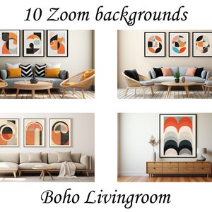 May include: A living room interior design with a beige sofa, two wicker chairs, and a coffee table. Three abstract geometric art prints in orange, blue, and black are displayed on the wall above the sofa. The text "10 Zoom backgrounds" is at the top of the image and "Boho Livingroom" is at the bottom of the image.
