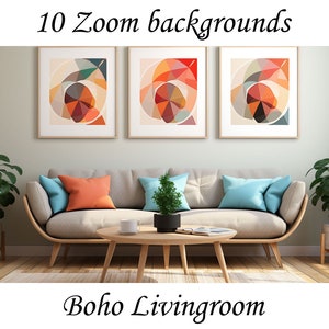 May include: A living room with a light beige sofa, three abstract geometric paintings on the wall, and two potted plants. The sofa has orange and blue cushions. The room has a wooden floor and a wooden coffee table. The text "10 Zoom backgrounds" is at the top of the image and the text "Boho Livingroom" is at the bottom of the image.