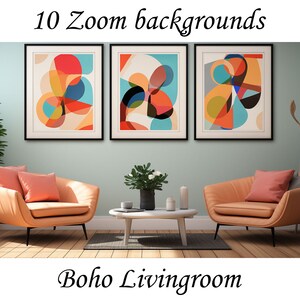 May include: A living room interior design featuring two orange armchairs, a coffee table, a potted plant, and three framed abstract paintings with colourful geometric shapes. The walls are painted a light blue colour and the floor is a light wood colour. The text "10 Zoom backgrounds" and "Boho Livingroom" are visible in the image.