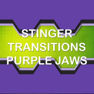 Op de afbeelding: Paarse en groene geometrische achtergrond met de tekst "Stinger Transitions Purple Jaws" in wit.