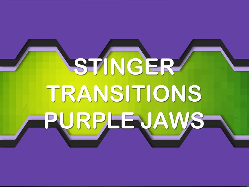 Op de afbeelding: Paarse en groene geometrische achtergrond met de tekst "Stinger Transitions Purple Jaws" in wit.