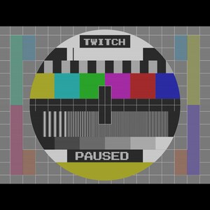 Pu&ograve; includere: Un modello di test televisivo in bianco e nero con barre colorate e il testo "TWITCH PAUSED" al centro.