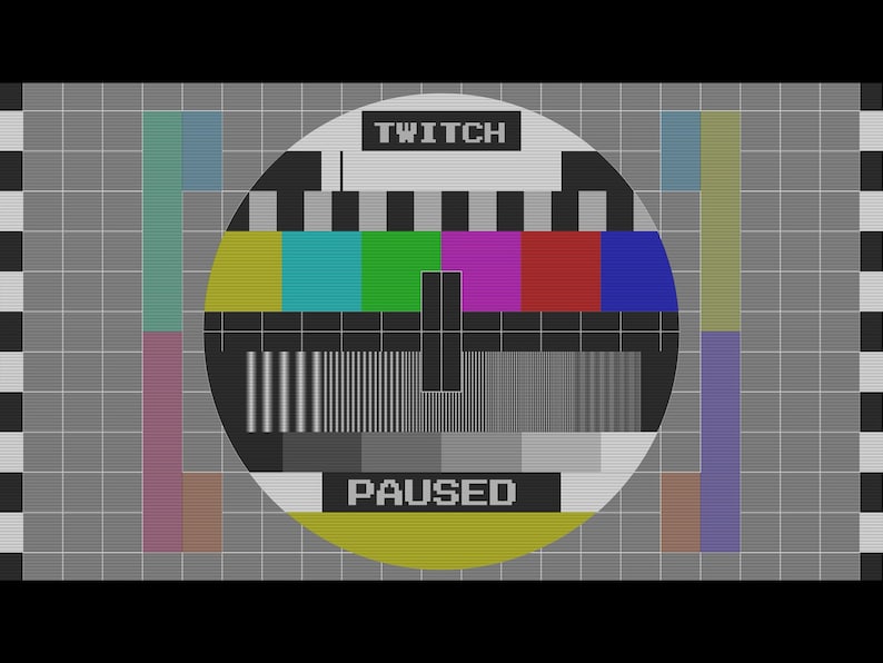 Pu&ograve; includere: Un modello di test televisivo in bianco e nero con barre colorate e il testo "TWITCH PAUSED" al centro.