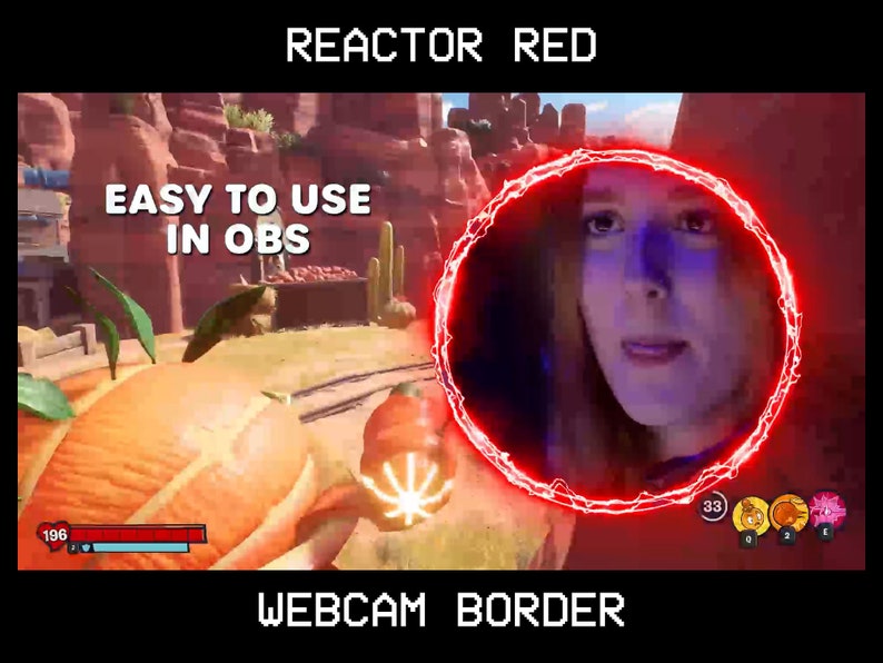May include: A red animated border with a glowing effect surrounds a woman's face in a webcam feed. The text "REACTOR RED" is at the top of the image and "EASY TO USE IN OBS" is in the upper left corner. The text "WEBCAM BORDER" is at the bottom of the image.