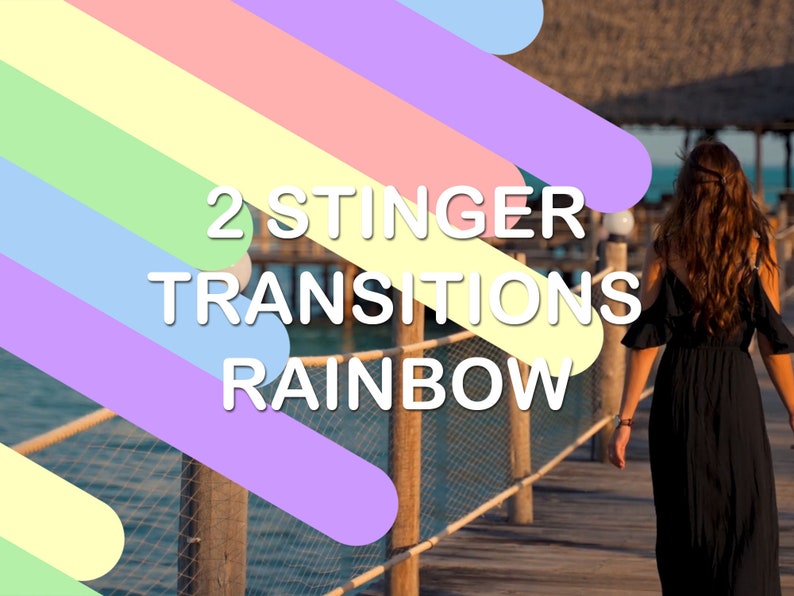 Puede incluir: Un gr&aacute;fico colorido con rayas de arco&iacute;ris y el texto "2 STINGER TRANSITIONS RAINBOW" sobre un fondo de una mujer caminando por un muelle de madera.