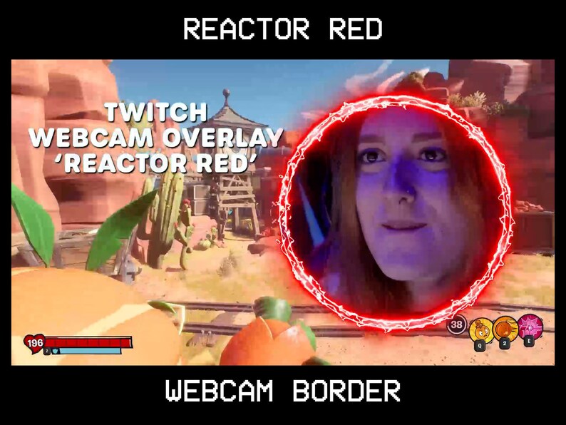 May include: A Twitch webcam overlay with a red border and the text 'REACTOR RED' in white. The overlay is set against a video game background with a cactus and a building in the background. A woman's face is visible in the center of the overlay.