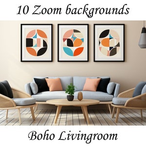 May include: A living room featuring a light grey sofa, two wicker armchairs, a coffee table, and three framed abstract art prints with geometric shapes in shades of orange, blue, and black. The walls are a light beige colour.
