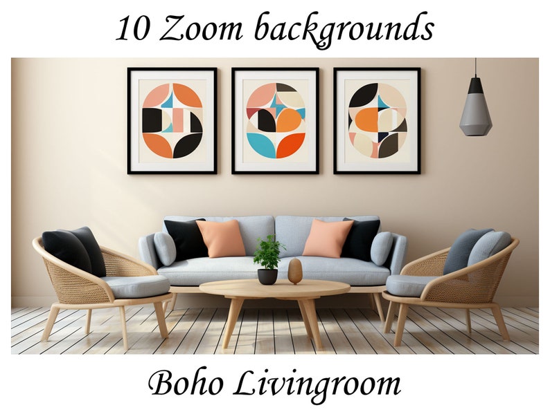 May include: A living room featuring a light grey sofa, two wicker armchairs, a coffee table, and three framed abstract art prints with geometric shapes in shades of orange, blue, and black. The walls are a light beige colour.