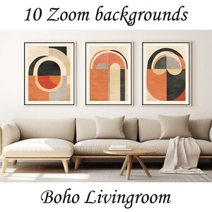 May include: Three abstract geometric prints in black, white, grey, orange, and red frames hang on a white wall above a beige sofa with a throw blanket and a wooden coffee table. The text "10 Zoom backgrounds" is at the top of the image and "Boho Livingroom" is at the bottom.