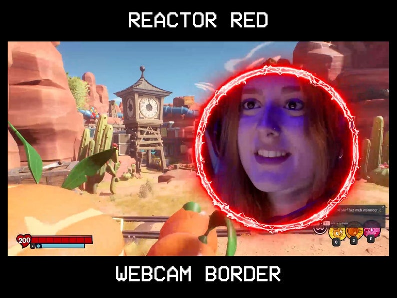 May include: A woman's face is visible in a red glowing circle with a video game scene in the background. The text "REACTOR RED" is at the top of the image and "WEBCAM BORDER" is at the bottom.