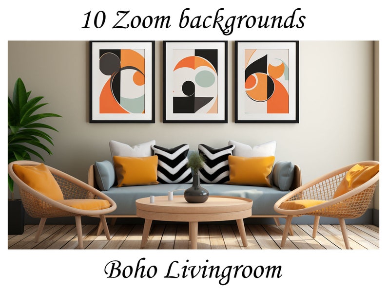 May include: A living room with a blue sofa, two wicker chairs, and a coffee table. The walls are a light beige colour and there are three framed abstract art prints above the sofa. The art prints feature geometric shapes in orange, black, and white.
