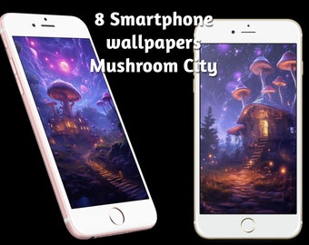 Betoverende Mushroom City: set de 8 campos de fantasía-smartphone-achtergronden