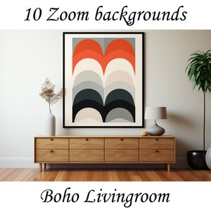 May include: A wooden dresser with four drawers sits in a living room with a white wall, a potted plant, and a framed abstract art print with orange, red, white, grey, and black geometric shapes. The art print is titled "10 Zoom backgrounds". The caption below the image reads "Boho Livingroom".