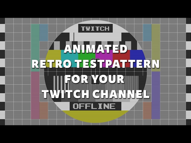 Pu&ograve; includere: Un pattern di test retro animato con il testo "Twitch" al centro, circondato da una griglia colorata. Il testo "Animated Retro Test Pattern for Your Twitch Channel Offline" &egrave; visualizzato sotto il pattern.