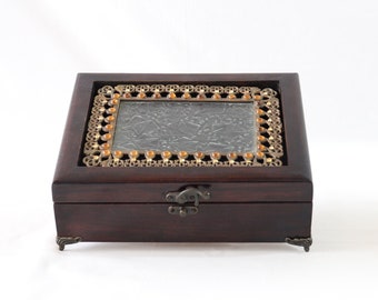 Vintage Jewelry Box, Wooden Jewelry Box, Handmade Jewelry Box, Large Jewelry Box, Glass Jewelry Box, Vanity Box, Gift for Her, Gift for Him