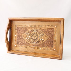 Vintage Wooden Tray, Wooden Handmade Tray, Wooden Tray with Handles, Coffee Table Tray, Marquetry Wood, Wooden Tray Decor, Unique Home Decor
