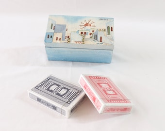 Porte-cartes à jouer en bois, Porte-cartes à jouer peint à la main, Porte-cartes à jouer vintage, Support pour terrasse en bois, Porte-cartes à jouer, Mykonos