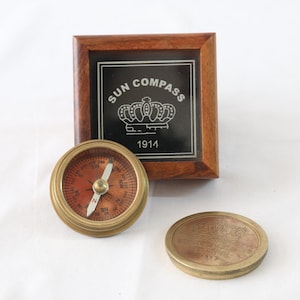 Vintage Brass Compass, Nautical Compass, Compass with Wooden Box, Sun Compass, Nautical Gifts, Maritime Gifts, Nautical Decor, Desk Gifts