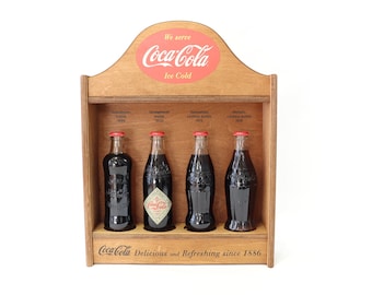 Vintage Coca Cola Bottles with Wooden Display Stand, Coca Cola Collectibles, Vintage Coca Cola Ad, Coca Cola Wall Decor, Coca Cola Gifts