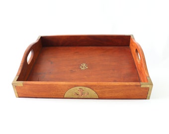Vintage Nautical Tray, Coffee Table Tray, Marquetry Tray, Wooden Tray with Handles, Wooden Tray Decor, Nautical Gifts, Unique Home Decor