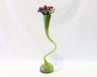 Green Glass Vase, Antique Large Glass Vase, Hand Blown Glass Vase, Multicolor Vase, Art Glass Vase, Twisted Vase, Swung Vase Tall Vase Decor