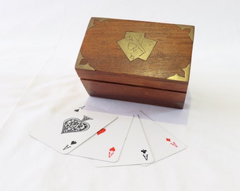 CHROME AND WOODEN DOUBLE CARD BOX POKER GAMES GIFT WITH TWO PACKS OF CARDS