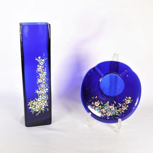 Cobalt Blue Glass Vase with Ashtray, Cobalt Blue Vase Set, Vintage Glass Vase, Glass Vase Centerpiece, Unique Home Decor, Table Centerpiece