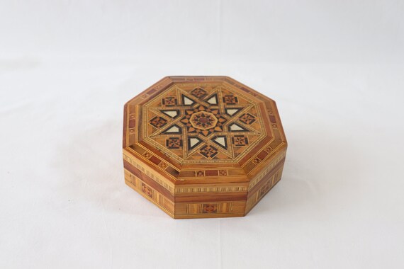 Vintage Wooden Handmade Jewelry Box, Marquetry Jew