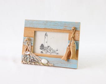 Greek Island Photo Frame, Nautical Photo Frame, Wooden Photo Frame, Sea Photo Frame, Wooden Picture Frame, Display Frame, Seashell, Handmade