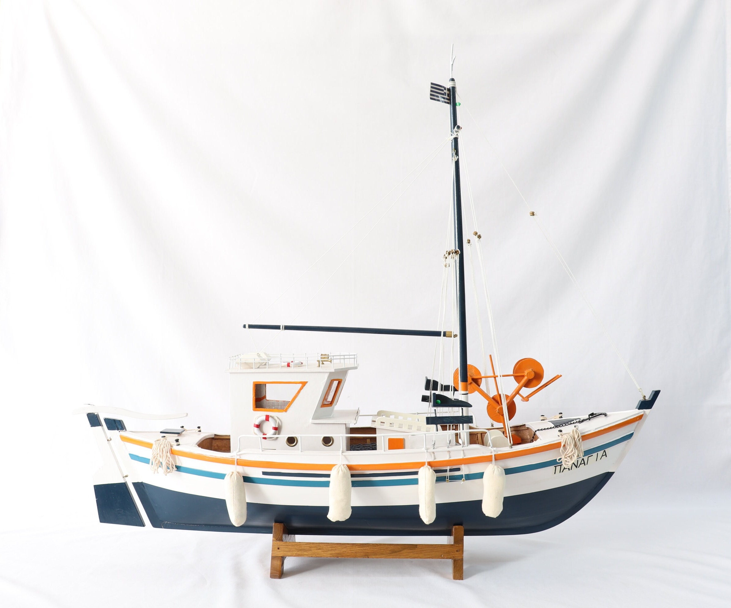 Wooden Handmade Fishing Boat, Vintage Fishing Boat, Greek