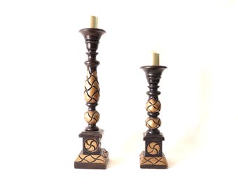 Vintage Wooden Candle Holders, Candle Holder Set, Candle Holder Centerpiece, Engraved Candle Holder, Candle Holder Pillar, Rustic Home Decor