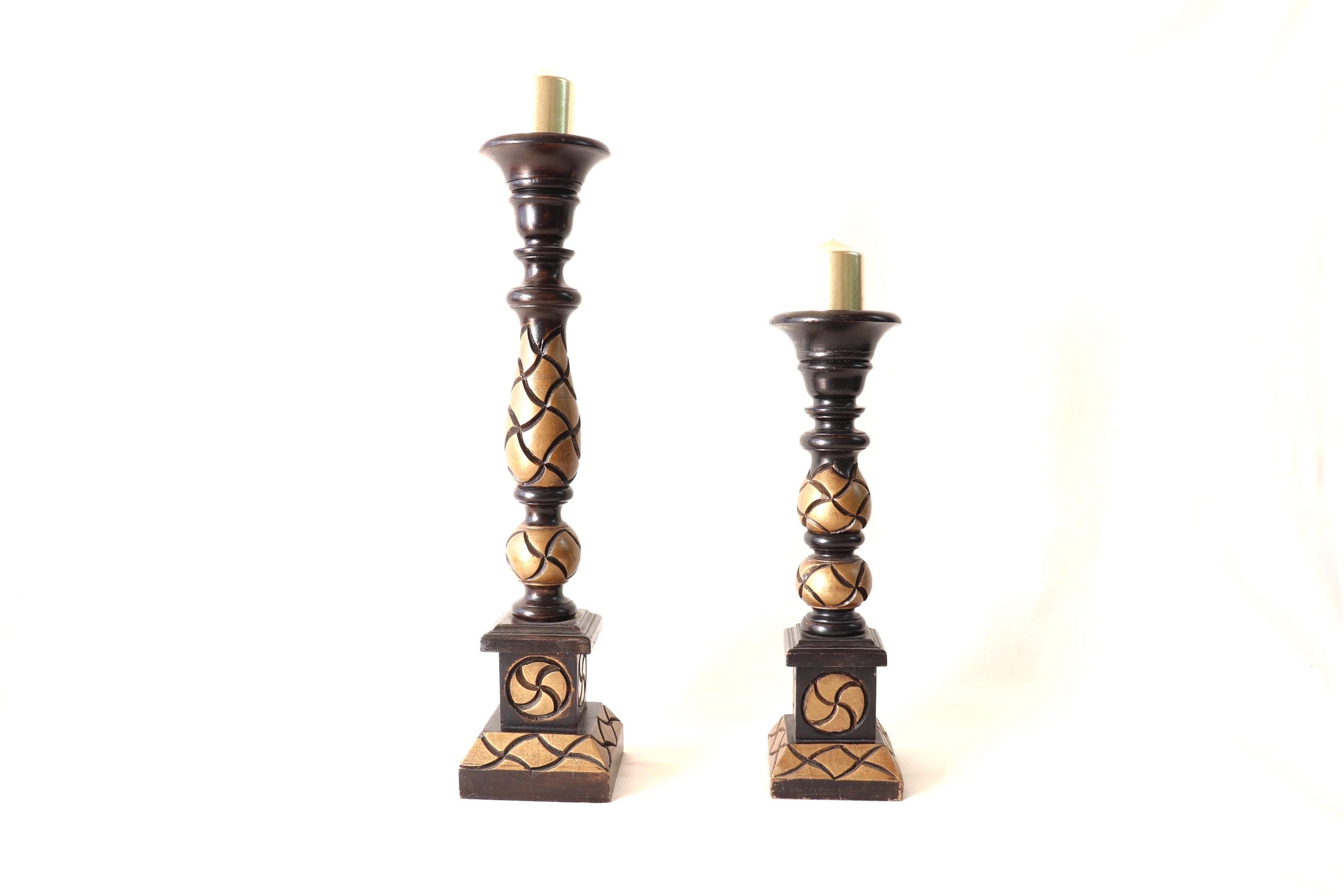 Vintage Wooden Candle Holders, Holder Set, Centerpiece, Engraved Holder, Pillar, Rustic Home Decor