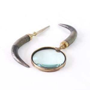 Juego de escritorio vintage, abrecartas, lupa, accesorios de escritorio vintage, accesorios de escritorio únicos, cuerno, latón, regalos de escritorio de oficina para él