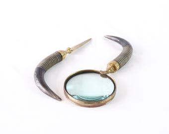 Vintage Desk Set, Letter Opener, Magnifying Glass, Vintage Desk Accessories, Unique Desk Accessories, Horn, Brass, Office Desk Gifts for Him