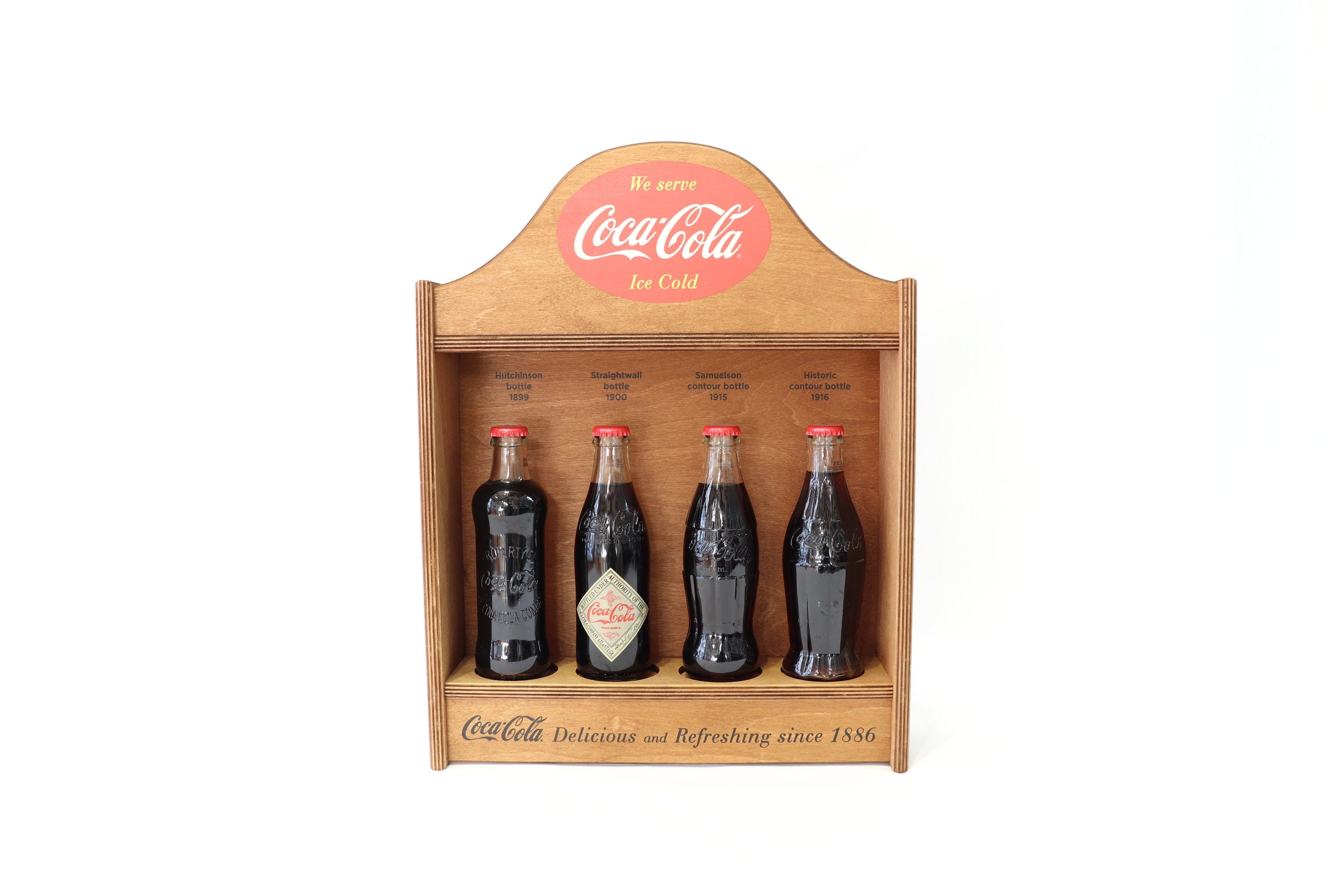 Vintage Coca Cola Bottles With Wooden Display Stand, Coca Cola