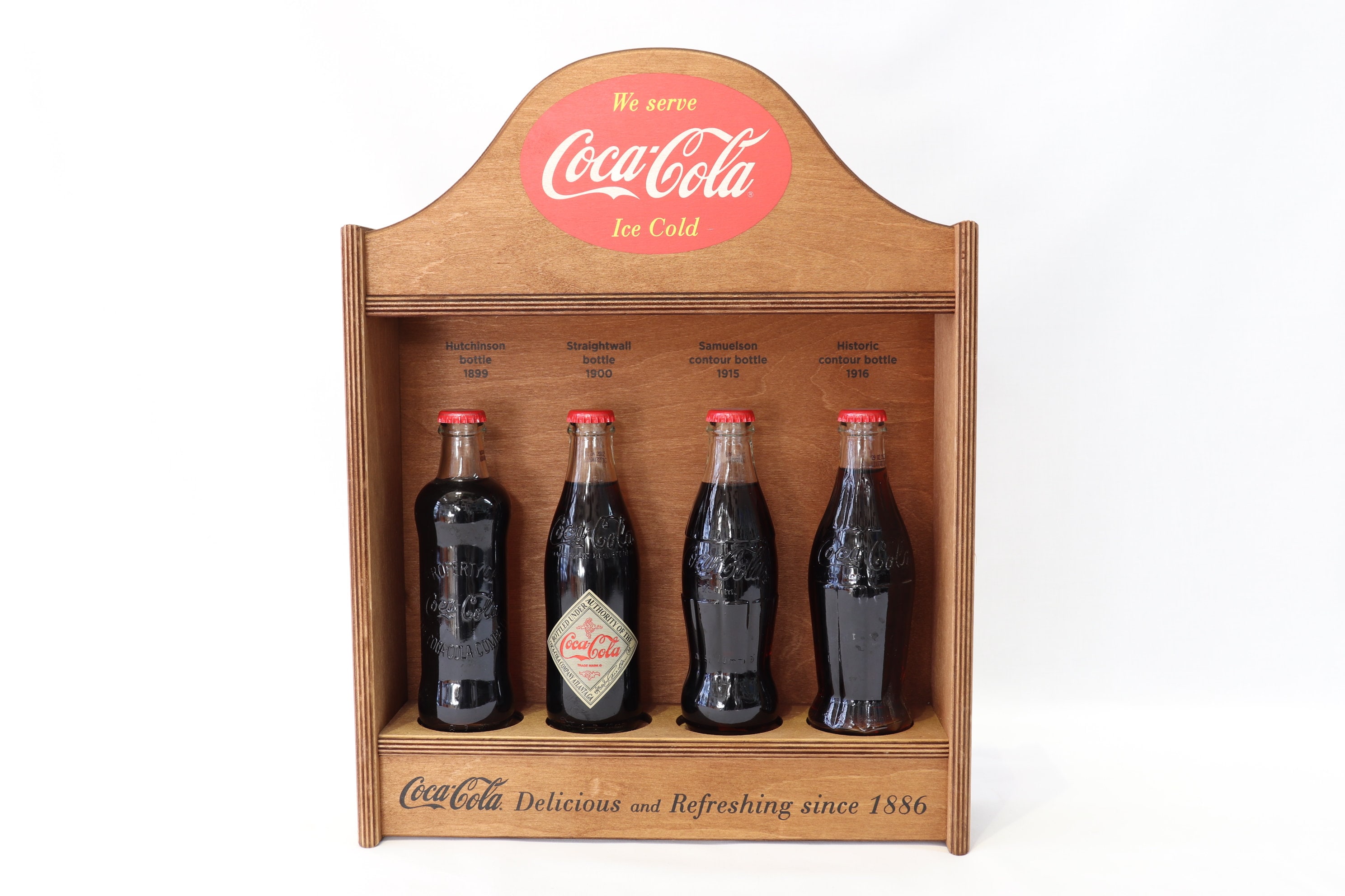 Vintage Coca Cola Bottles With Wooden Display Stand, Coca Cola
