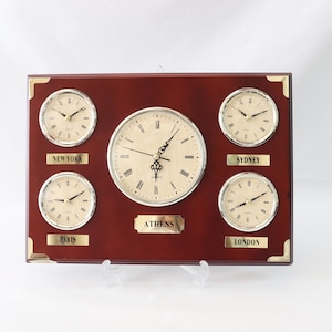 Vintage tijdzone wandklok, klok met meerdere tijdzones, wereldklok, New York, Parijs, Athene, Sydney, Londen, beursgeschenken, kantoorinrichting