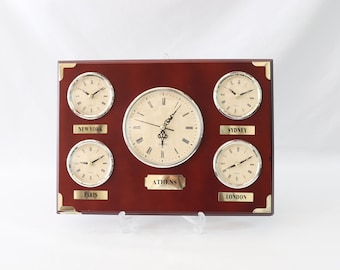 Vintage Time Zone Wall Clock, Multi Time Zone Clock, World Clock, New York, Paris, Athens, Sydney, London, Stock Market Gifts, Office Decor