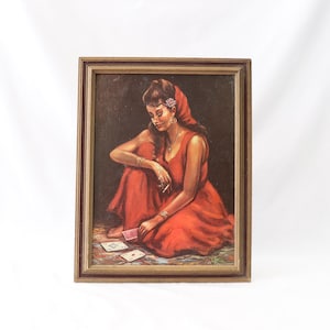 Dipinto a olio con cartomante, dipinto a olio antico, dipinto di donna, donna zingara, donna rom, donna boho, carte, vestito rosso, arazzo