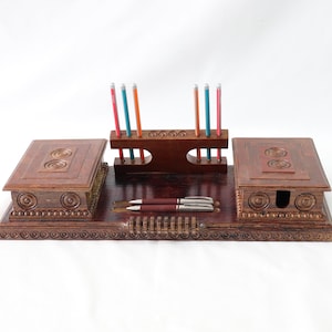 Houten bureauset, antieke bureauset, handgemaakte bureauset, pennenhouder, kaarthouder, notitieblokhouder, bureauaccessoires, bureau, cadeau voor hem