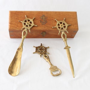 Juego de escritorio vintage, juego de escritorio de latón, accesorios de escritorio náuticos, juego de abrecartas, calzador de latón, abridor de cerveza, regalos de escritorio, regalos náuticos
