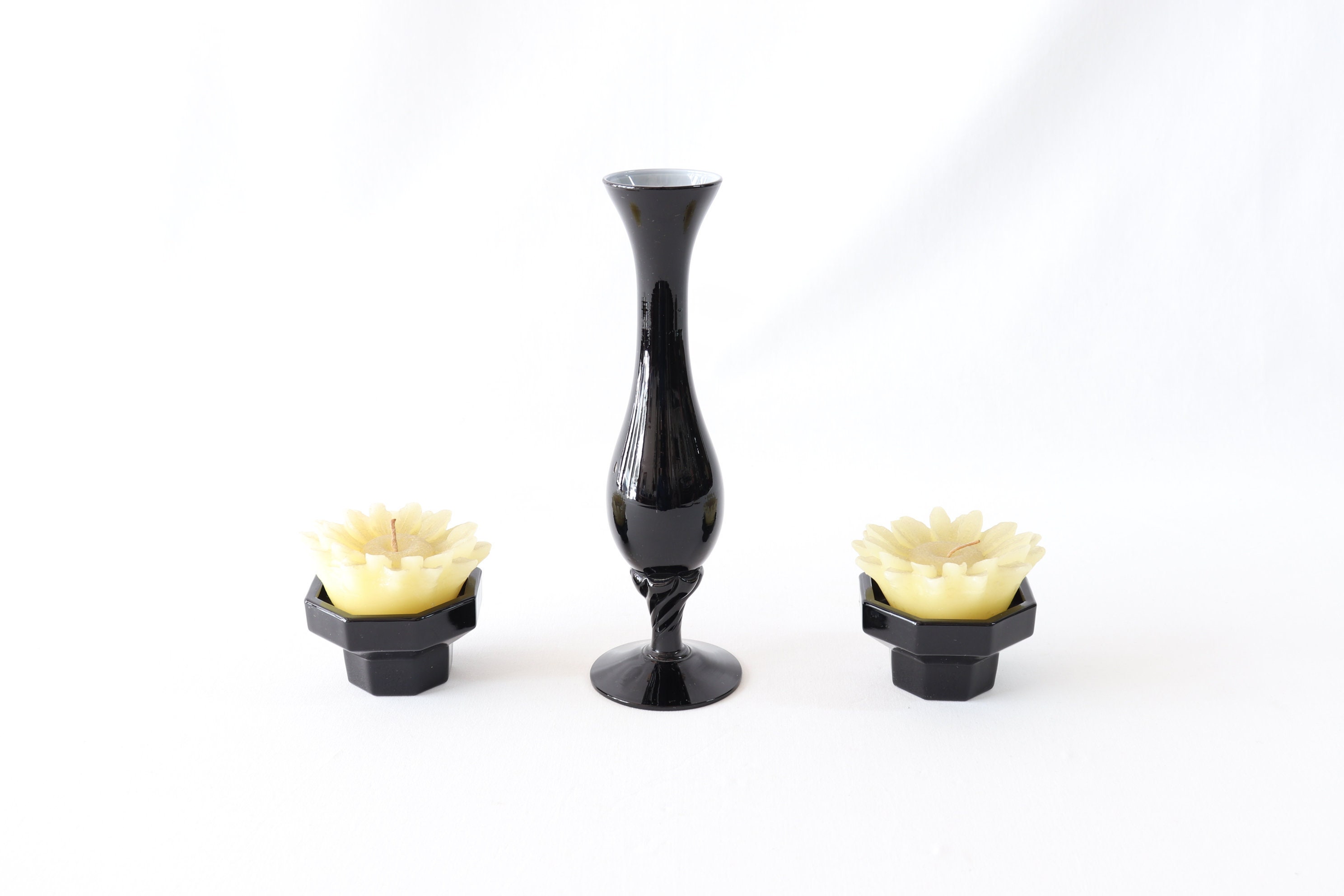 Vintage Vase With Candle Holders Set, Opaline Glass Vase, Black Holder, Arcoroc France, Unique Home Decor