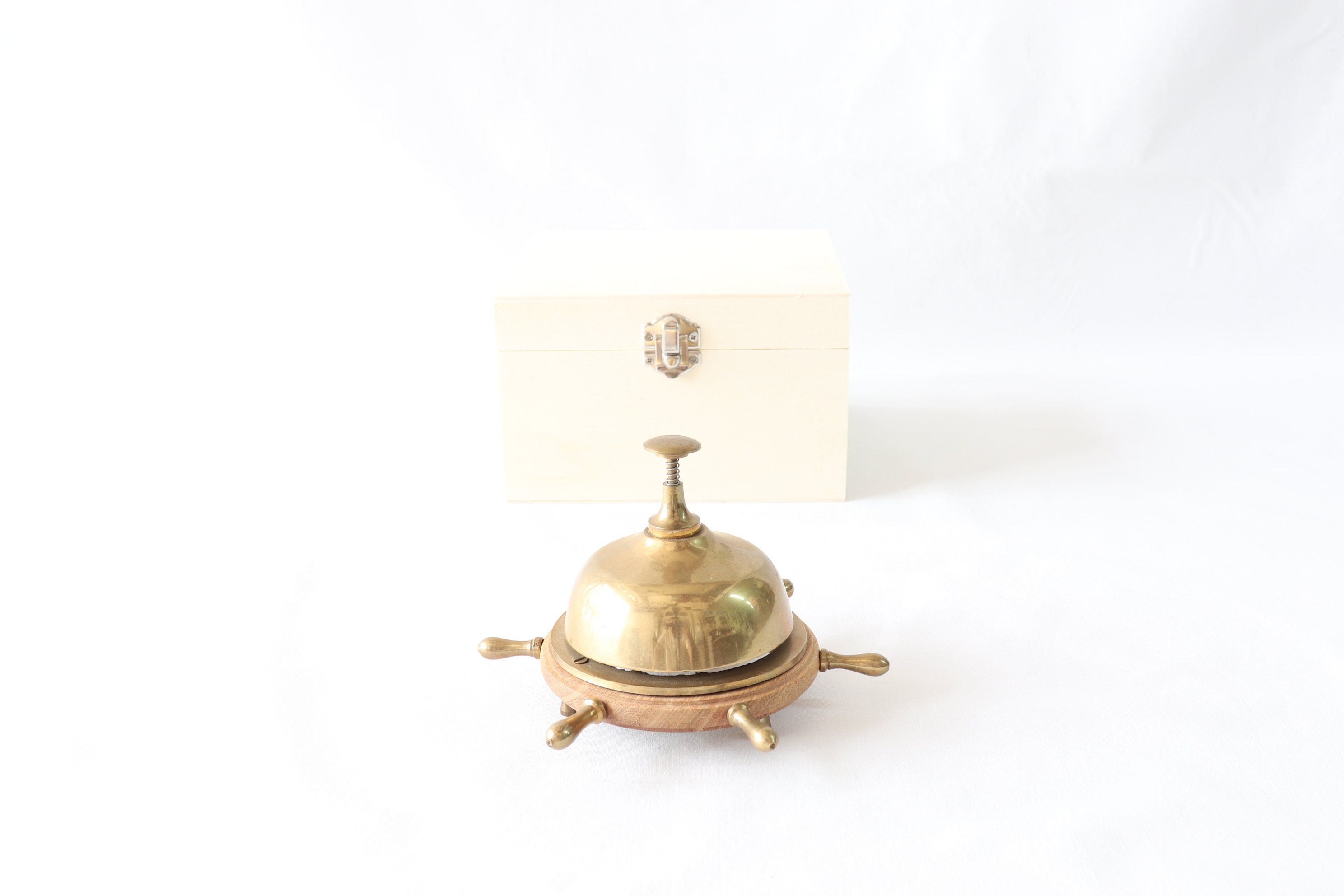 Nautical Brass Bell With Wooden Box, Ships Wheel Bell, Vintage Service Desk Reception Decor