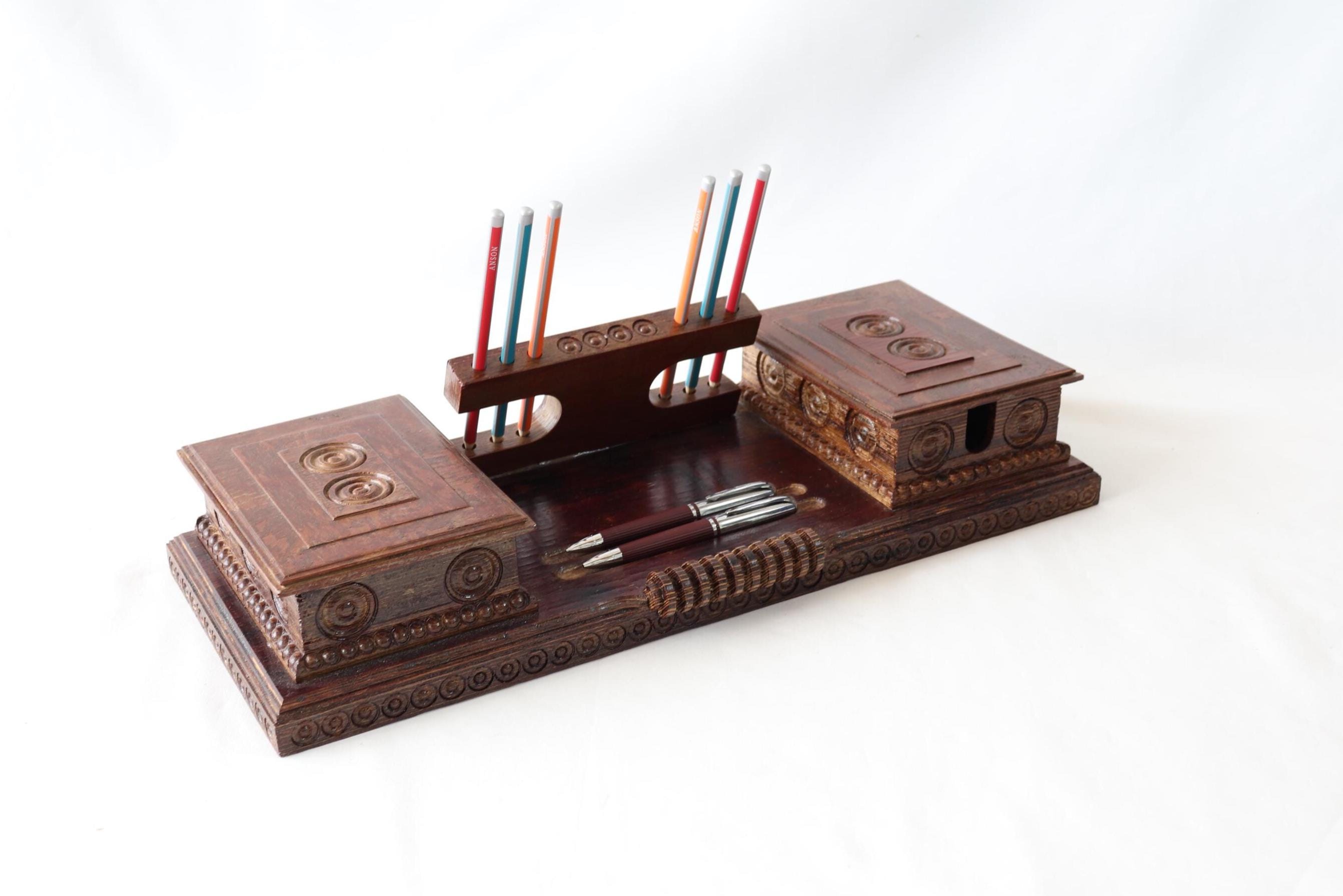 Wooden Desk Set, Antique Desk Set, Handmade Desk Set, Pen Holder, Card ...
