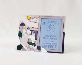 Stained Glass Photo Frame, Hand Painted Photo Frame, Greek Island, Santorini, Mykonos, Greece, Greek Photo Frame, Vertical Frame, Greek Gift